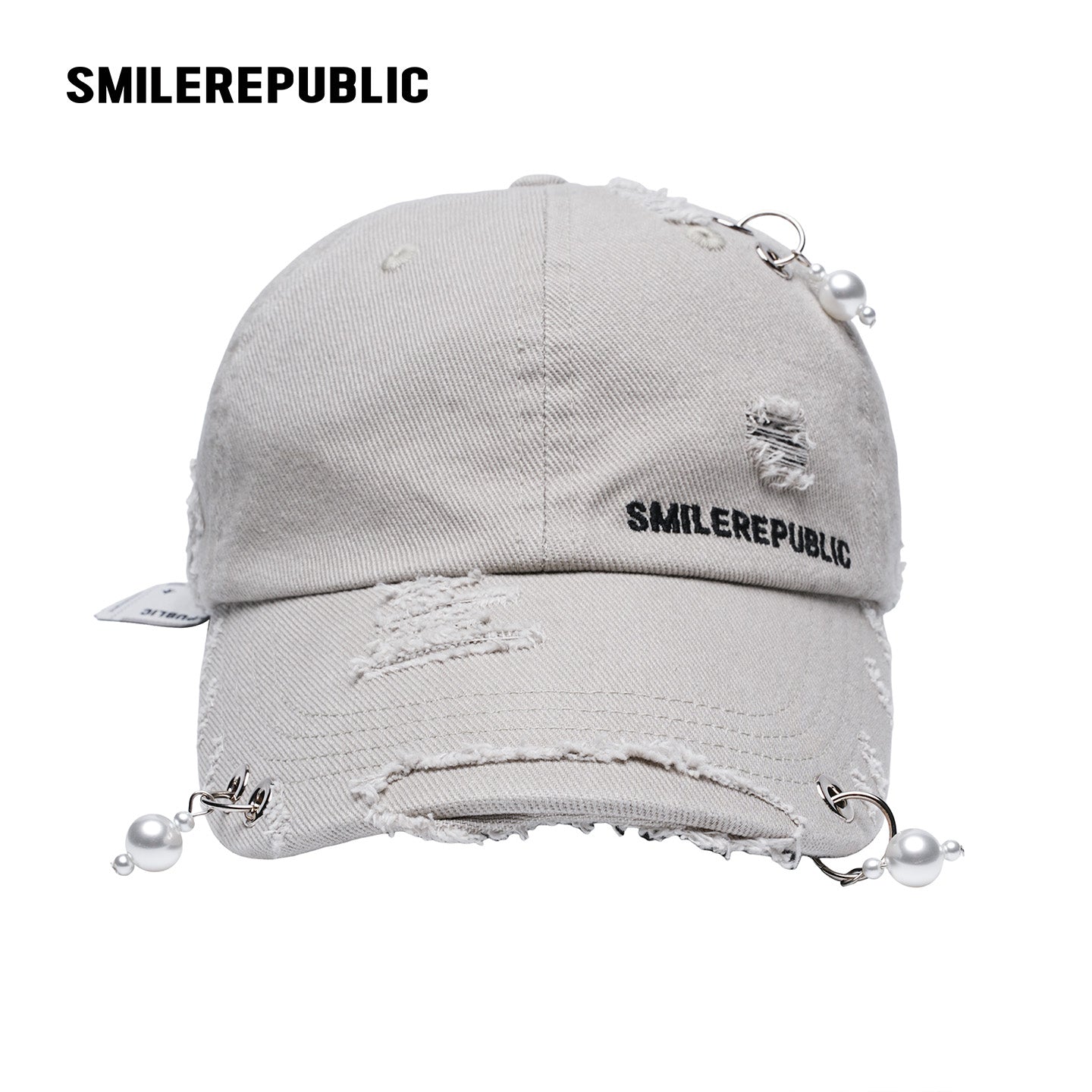 White Distressed Baseball Cap with Pearl Charm Accents, Logo Embroidery and Adjustable Strap