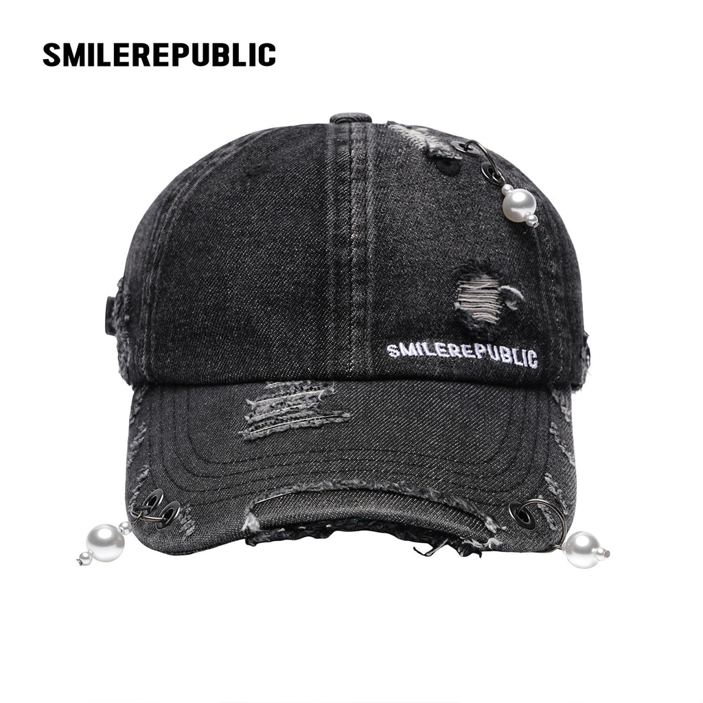 Black Distressed Denim Baseball Cap with Pearl-Tone Pendant and Metal Ring Details