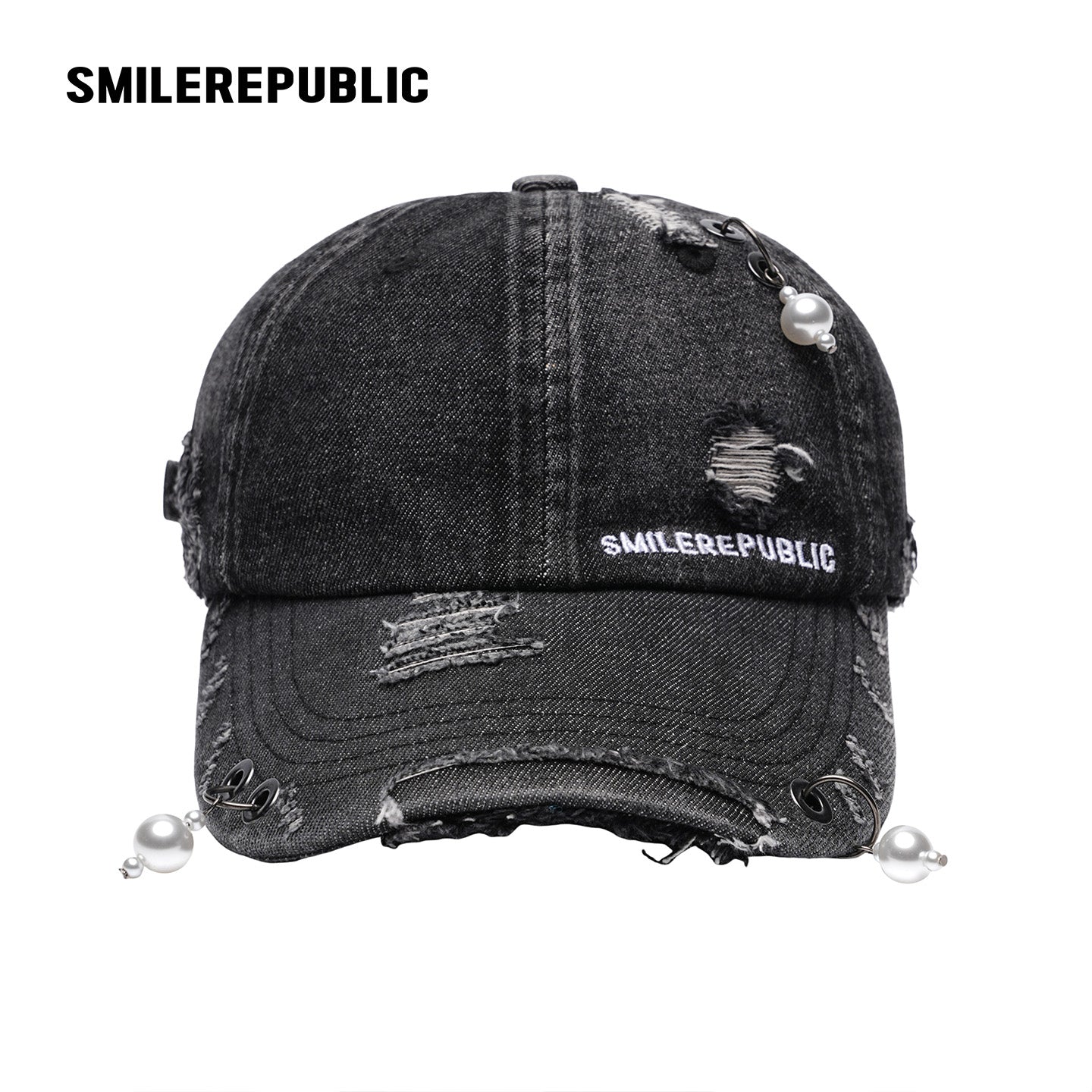 Black Distressed Denim Baseball Cap with Pearl-Tone Pendant and Metal Ring Details