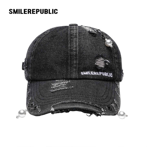 Black Distressed Denim Baseball Cap with Pearl-Tone Pendant and Metal Ring Details
