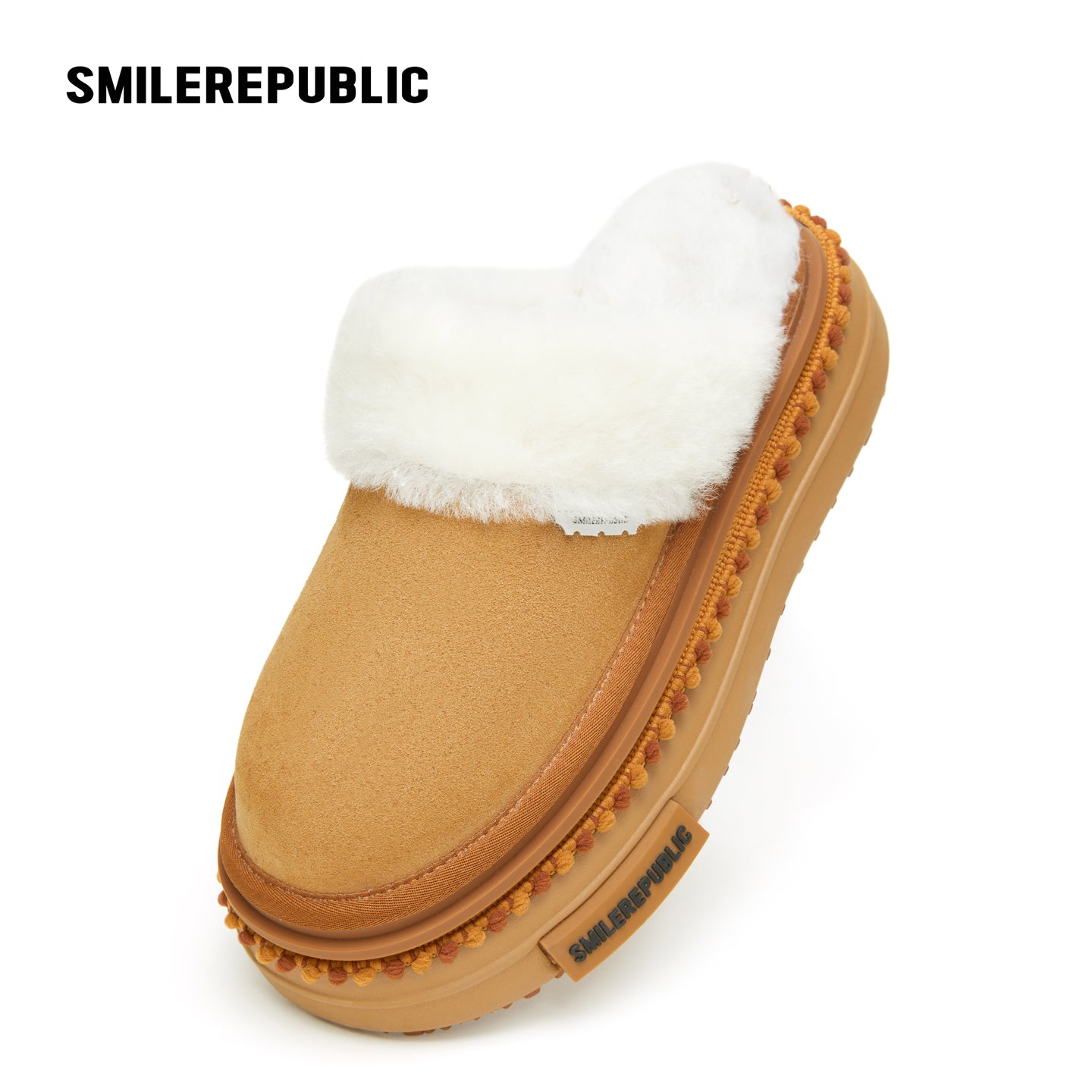 Almond Tan Furry Trim Platform Mule Slippers, Closed Toe Winter Shoes