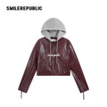 Cherry Red/Gray Hood PU Coated Faux Leather Layered Look Hooded Cropped Zip Jacket for Women