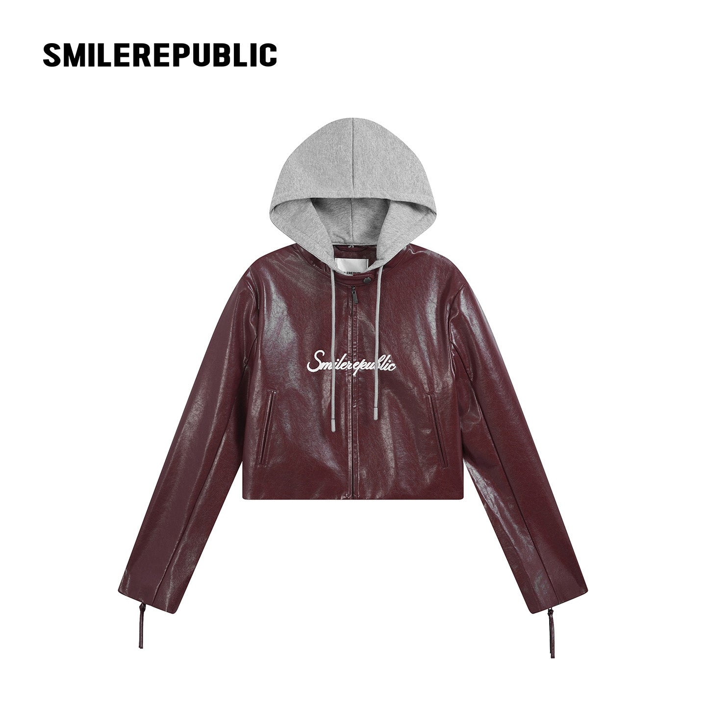Cherry Red/Gray Hood PU Coated Faux Leather Layered Look Hooded Cropped Zip Jacket for Women