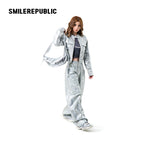 Silver Metallic Coated Cotton Denim Jacket, Cropped Zip Front Stand Collar Style