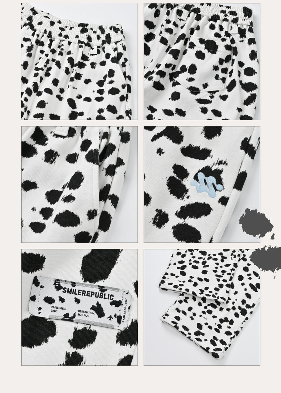 Black White Dalmatian Print Wide Leg Sweatpants Cotton Blend Casual Pants, Unisex 详情图 12