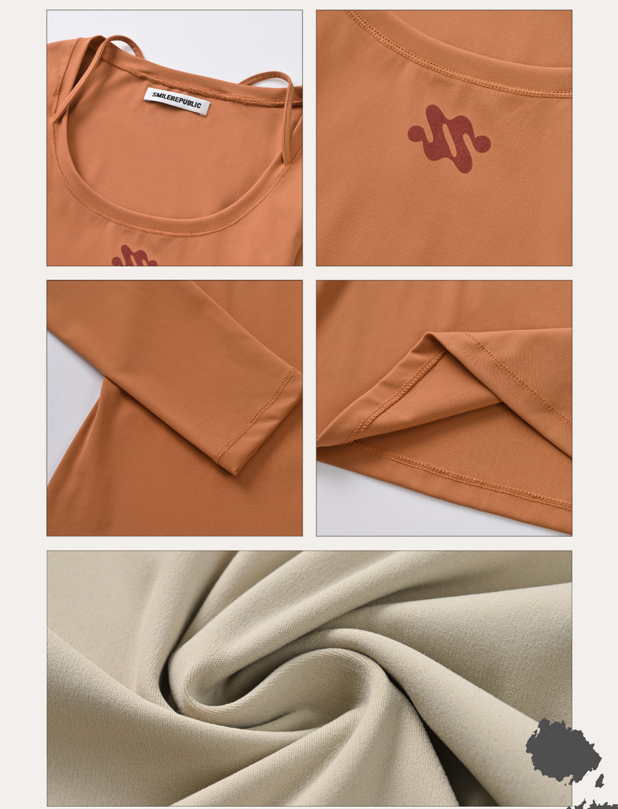 Brown Gray Slim Fit Nylon Spandex Long Sleeve Casual Top for Women, Stretchy Fitted Everyday Shirt 详情图 15