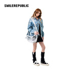 Denim Blue Washed 100% Cotton Oversized Zip Front Denim Jacket with Frayed Back Graphic