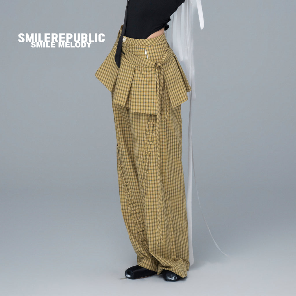 Yellow and Black Plaid 100% Cotton Wide-Leg Pants with Removable Pleated Skirt Overlay for Women