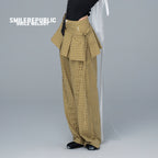 Yellow and Black Plaid 100% Cotton Wide-Leg Pants with Removable Pleated Skirt Overlay for Women