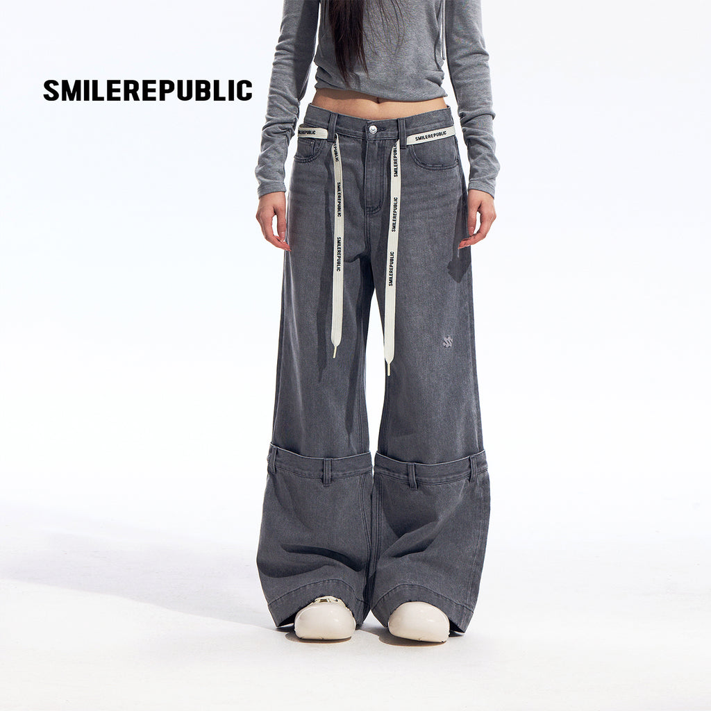 Gray Washed Wide Leg Jeans with Dropped Waist Detail, Cotton Blend Denim Pants for Women