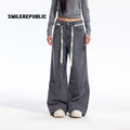 Gray Washed Wide Leg Jeans with Dropped Waist Detail, Cotton Blend Denim Pants for Women