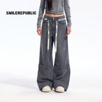 Gray Washed Wide Leg Jeans with Dropped Waist Detail, Cotton Blend Denim Pants for Women