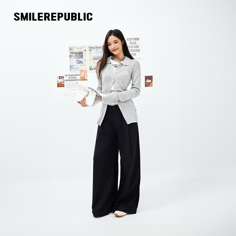 Gray Polyester Blend Ribbed Knit Embroidered Logo Fitted Button-Front Collared Cardigan for Women