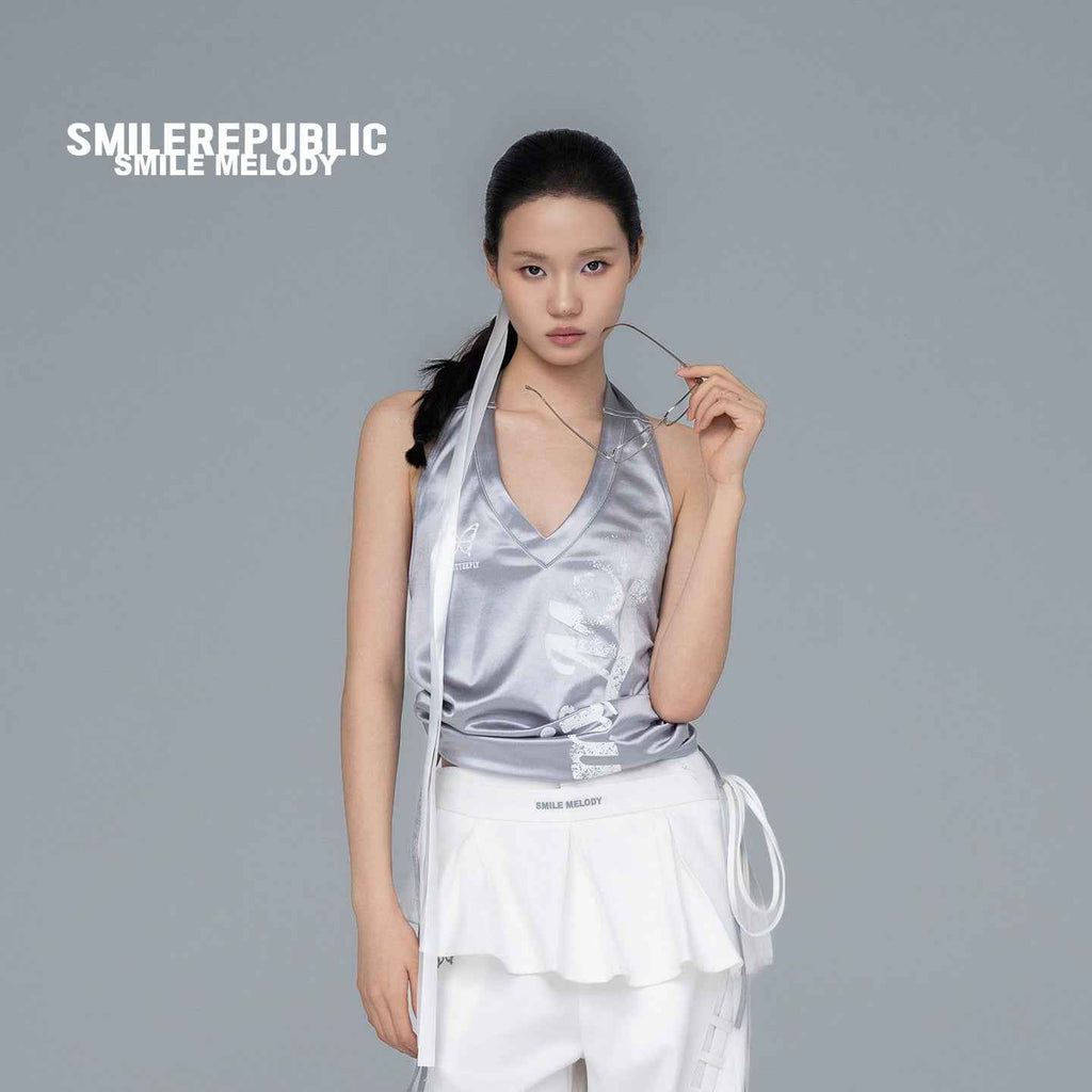 Gray Polyester Blend Sporty Graphic Halter Tank Top with Open Back and Side Drawstrings for Women