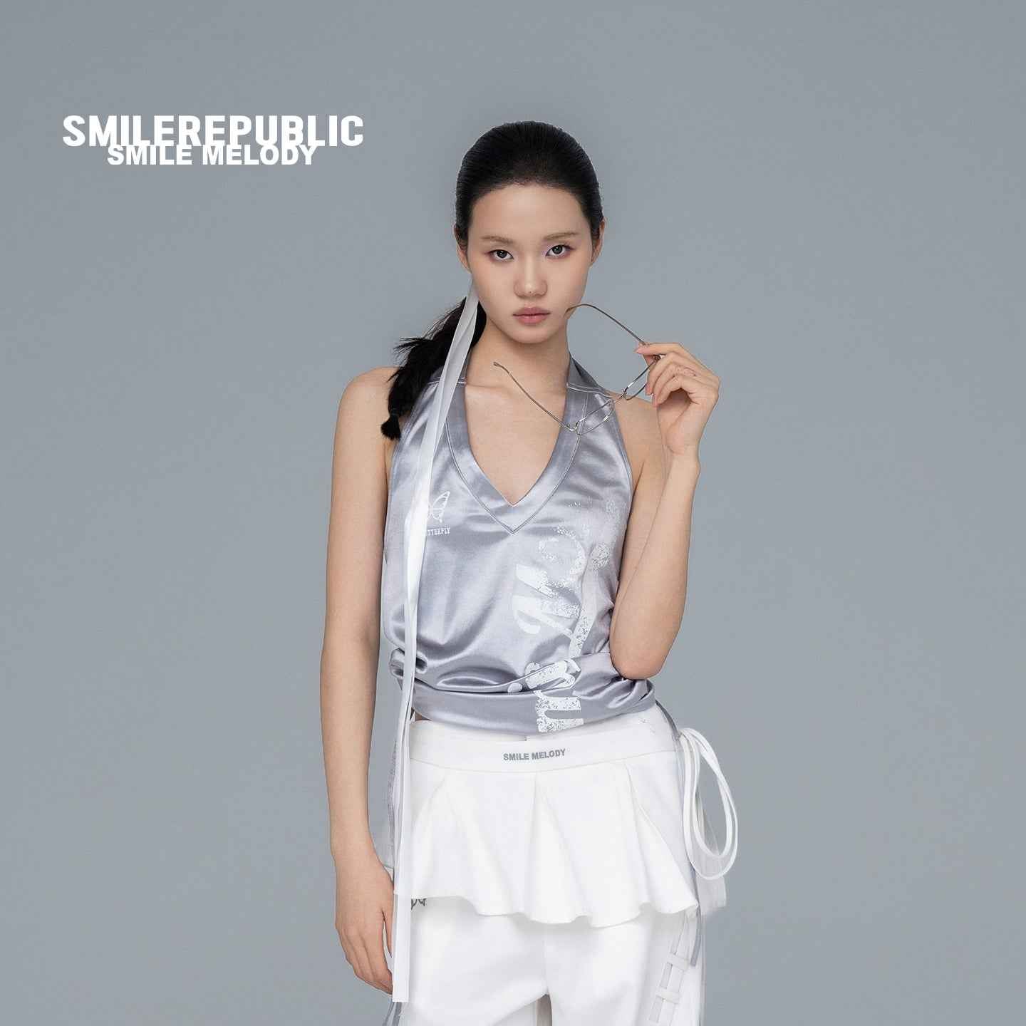 Gray Polyester Blend Sporty Graphic Halter Tank Top with Open Back and Side Drawstrings for Women