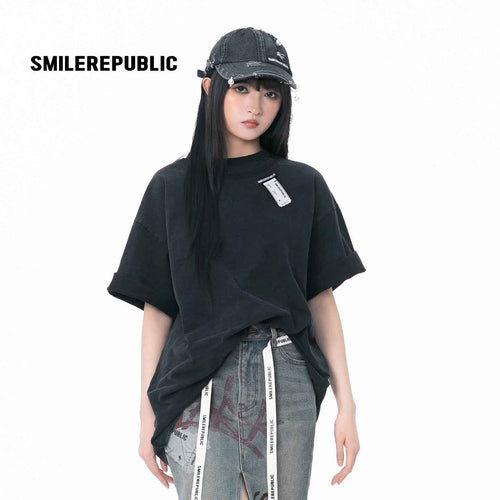 Washed Black 100% Cotton Double-Layer Crewneck Short Sleeve T-Shirt, Casual Everyday Tee