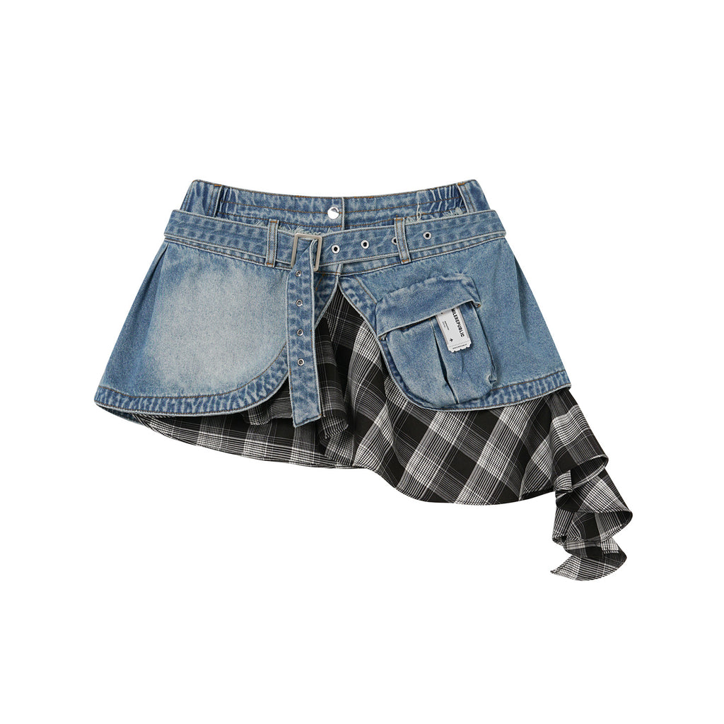 Blue Washed Denim Plaid Asymmetric Belted Convertible Mini Skirt and Tube Top