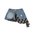 Blue Washed Denim Plaid Asymmetric Belted Convertible Mini Skirt and Tube Top