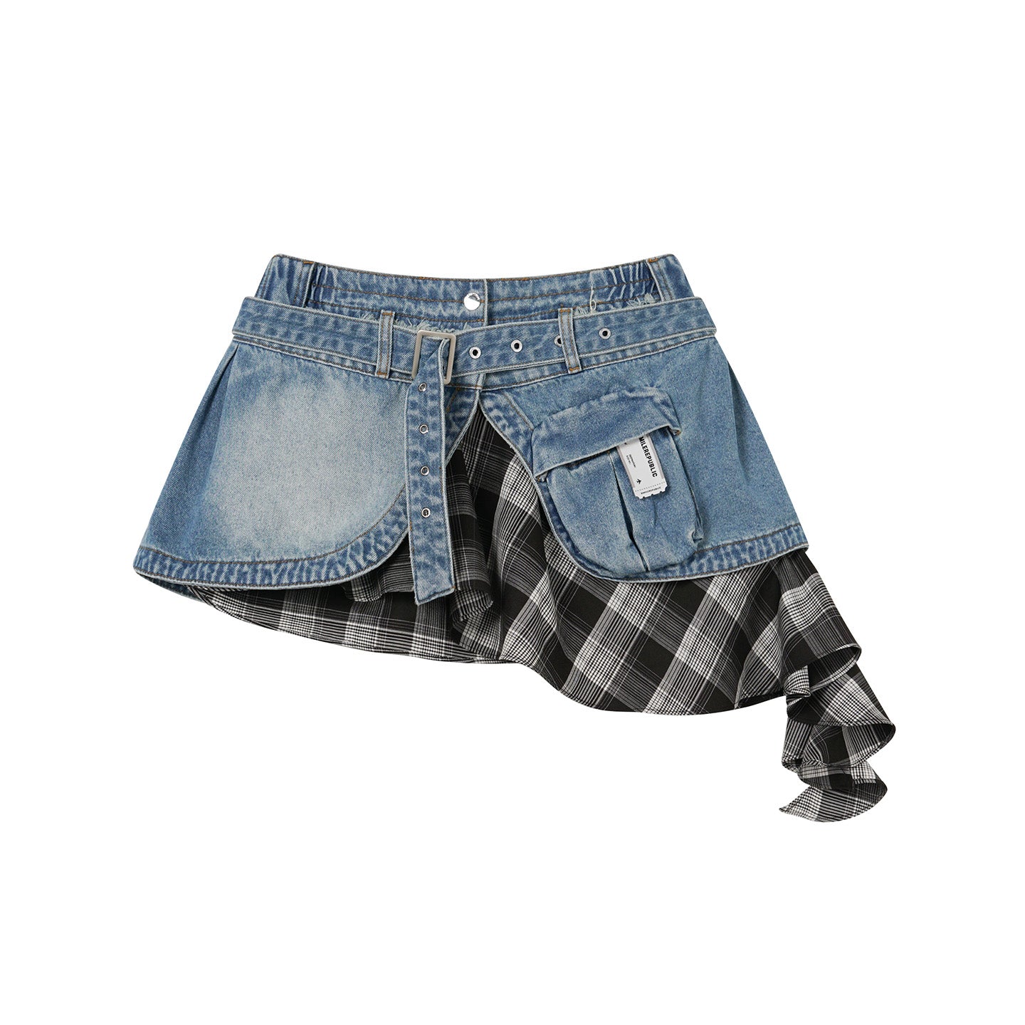 Blue Washed Denim Plaid Asymmetric Belted Convertible Mini Skirt and Tube Top