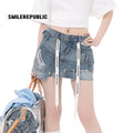 Light Blue Washed Denim Shorts with Logo Drawstring, Women's Streetwear Shorts