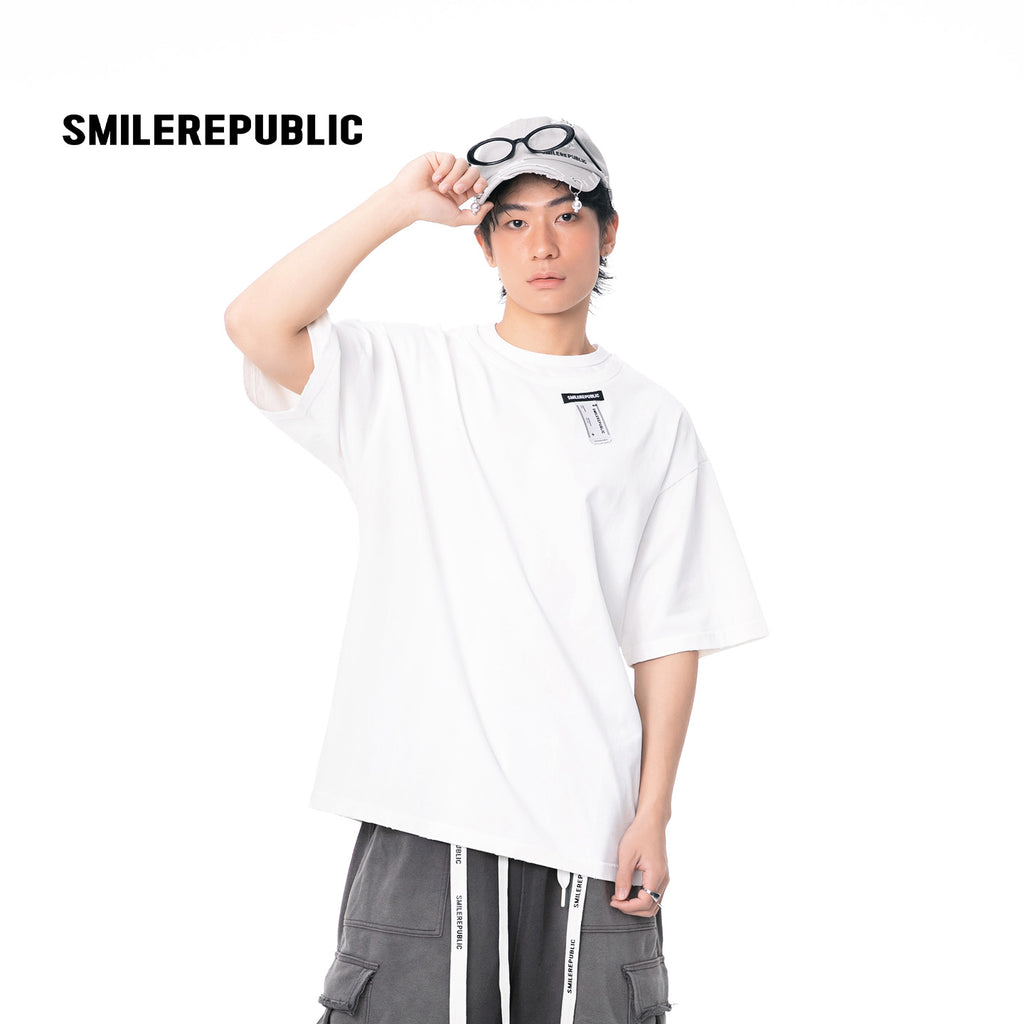 Washed Black/Washed White 100% Cotton Double-Layer Crewneck Short Sleeve T-Shirt, Casual Everyday Tee
