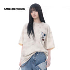 Beige Gray 100% Cotton Distressed Wash Graphic Oversized Crew Neck Short Sleeve T Shirt