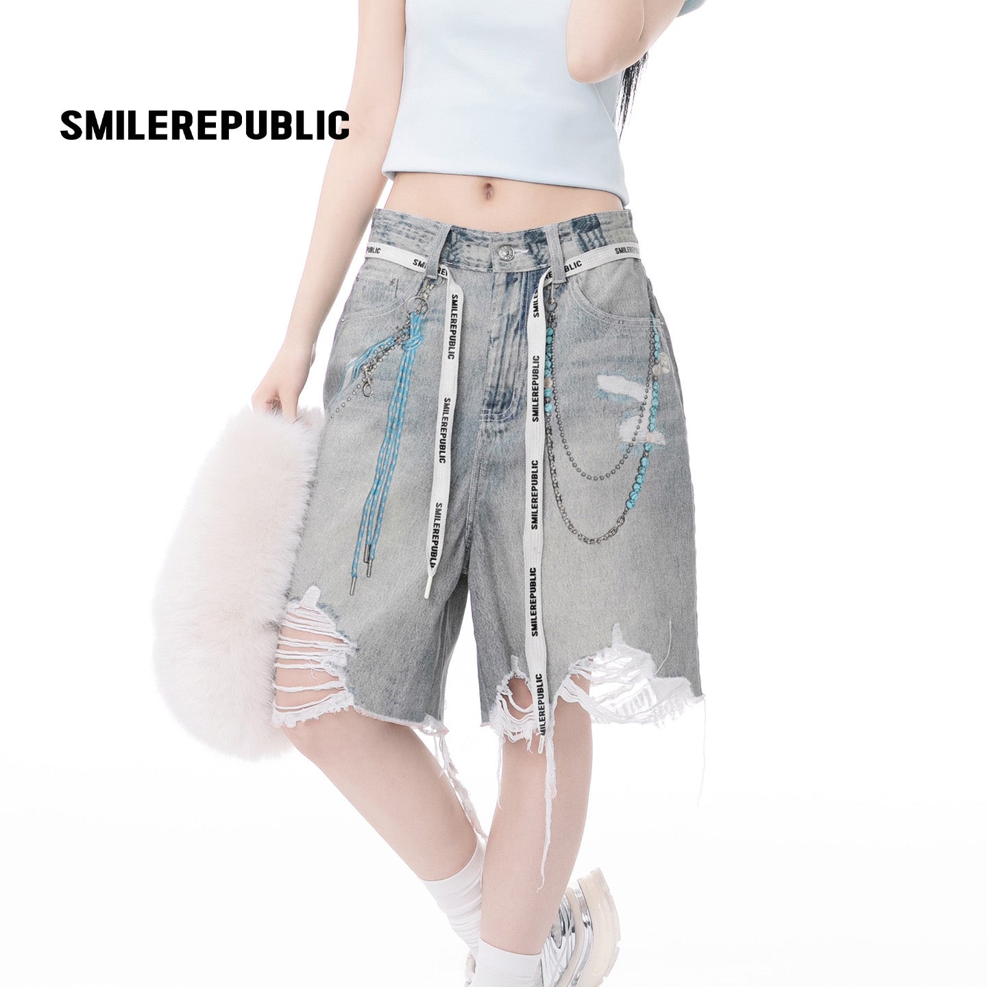 Chain Graphic Denim Shorts-SMILEREPUBLIC