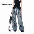 Denim Blue Washed Letter Print Baggy Wide Leg Jeans with Branded Strap Detail