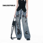 Denim Blue Washed Letter Print Baggy Wide Leg Jeans with Branded Strap Detail