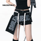 Black Washed Denim Shorts with Logo Drawstring, Women's Streetwear Shorts