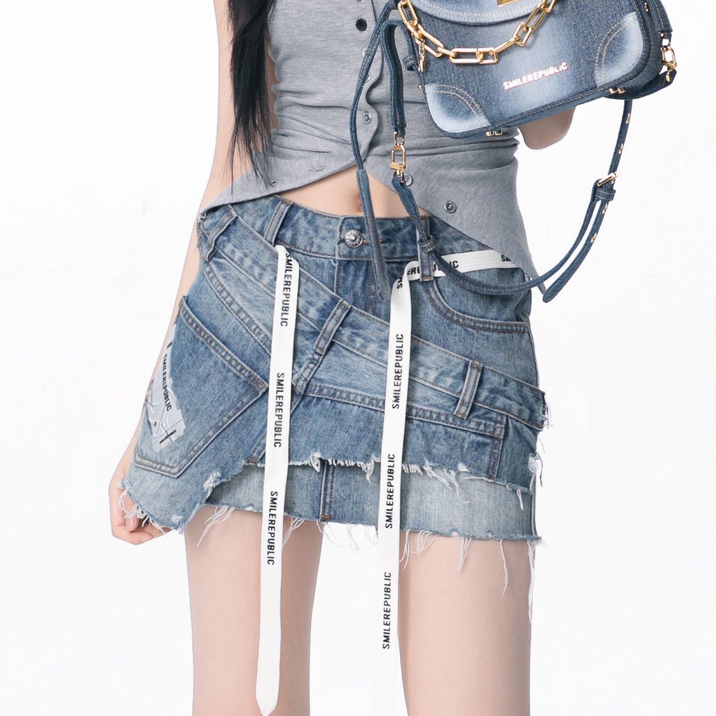 Deconstructed Distressed Denim Mini Skirt-SMILEREPUBLIC