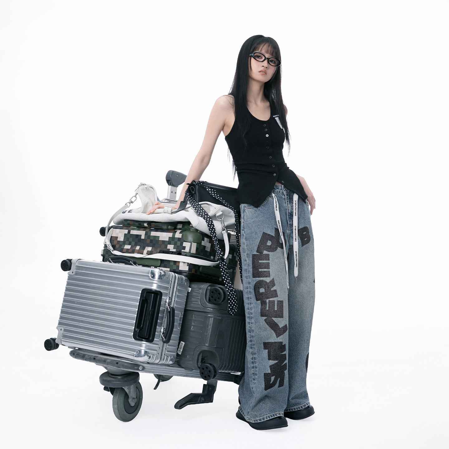 Denim Blue Washed Letter Print Baggy Wide Leg Jeans with Branded Strap Detail