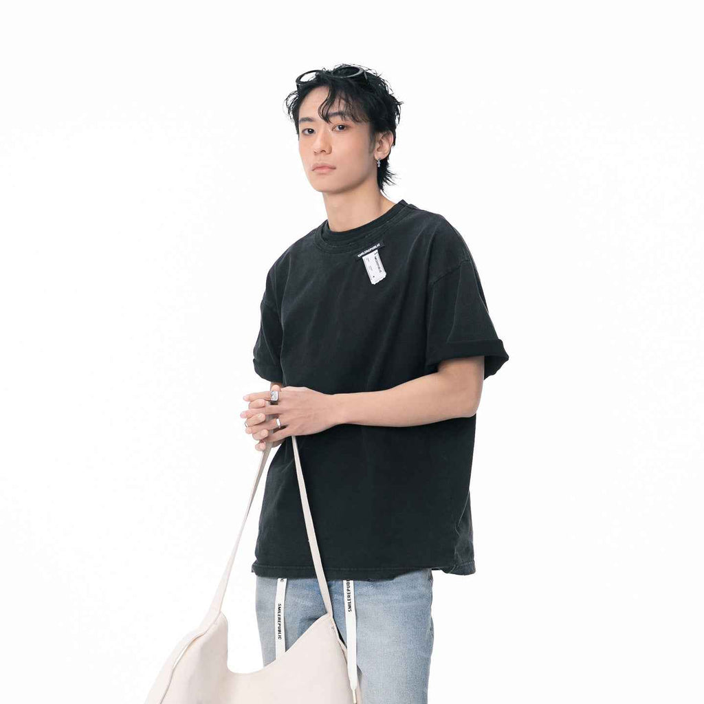Washed Black 100% Cotton Double-Layer Crewneck Short Sleeve T-Shirt, Casual Everyday Tee