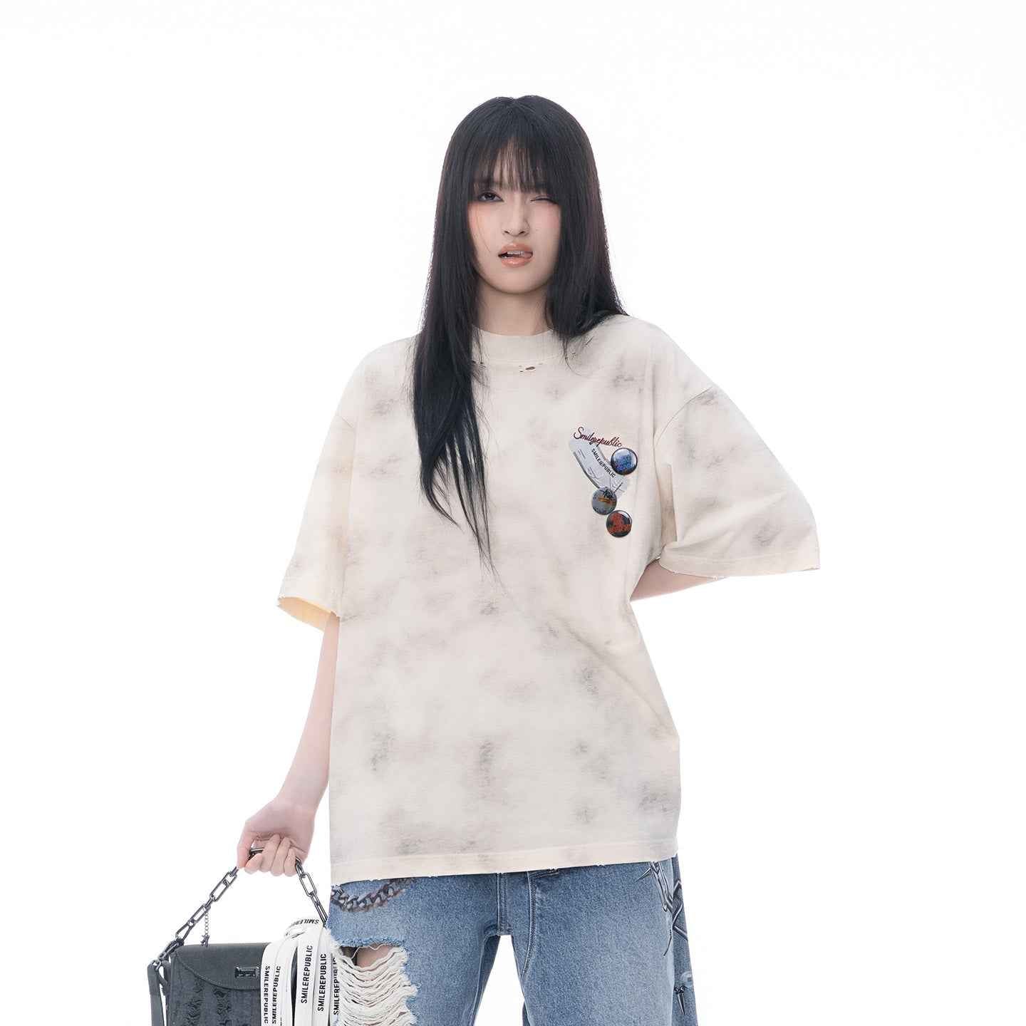 Beige Gray 100% Cotton Distressed Wash Graphic Oversized Crew Neck Short Sleeve T Shirt
