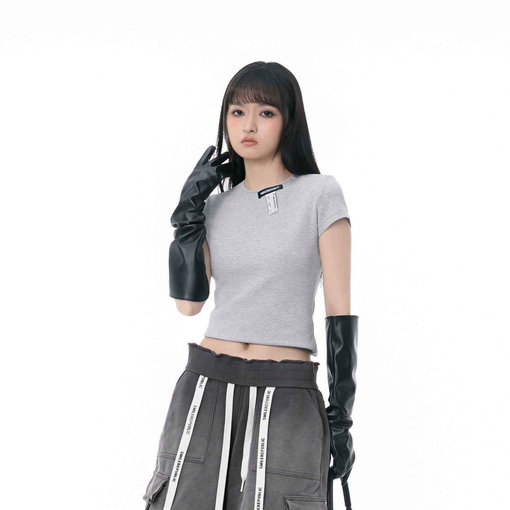 Gray Logo Tag Detail Fitted Crew Neck Short Sleeve T-Shirt for Women
