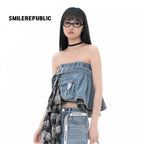 Blue Washed Denim Plaid Asymmetric Belted Convertible Mini Skirt and Tube Top