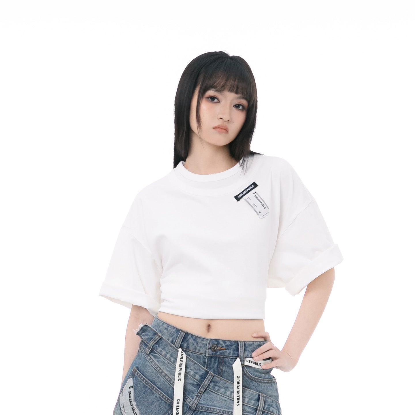 Washed Black/Washed White 100% Cotton Double-Layer Crewneck Short Sleeve T-Shirt, Casual Everyday Tee