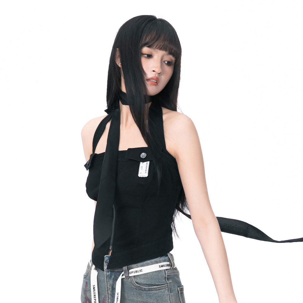 Black Zip-Front Fitted Halter Top with Decorative Pocket Details for Women