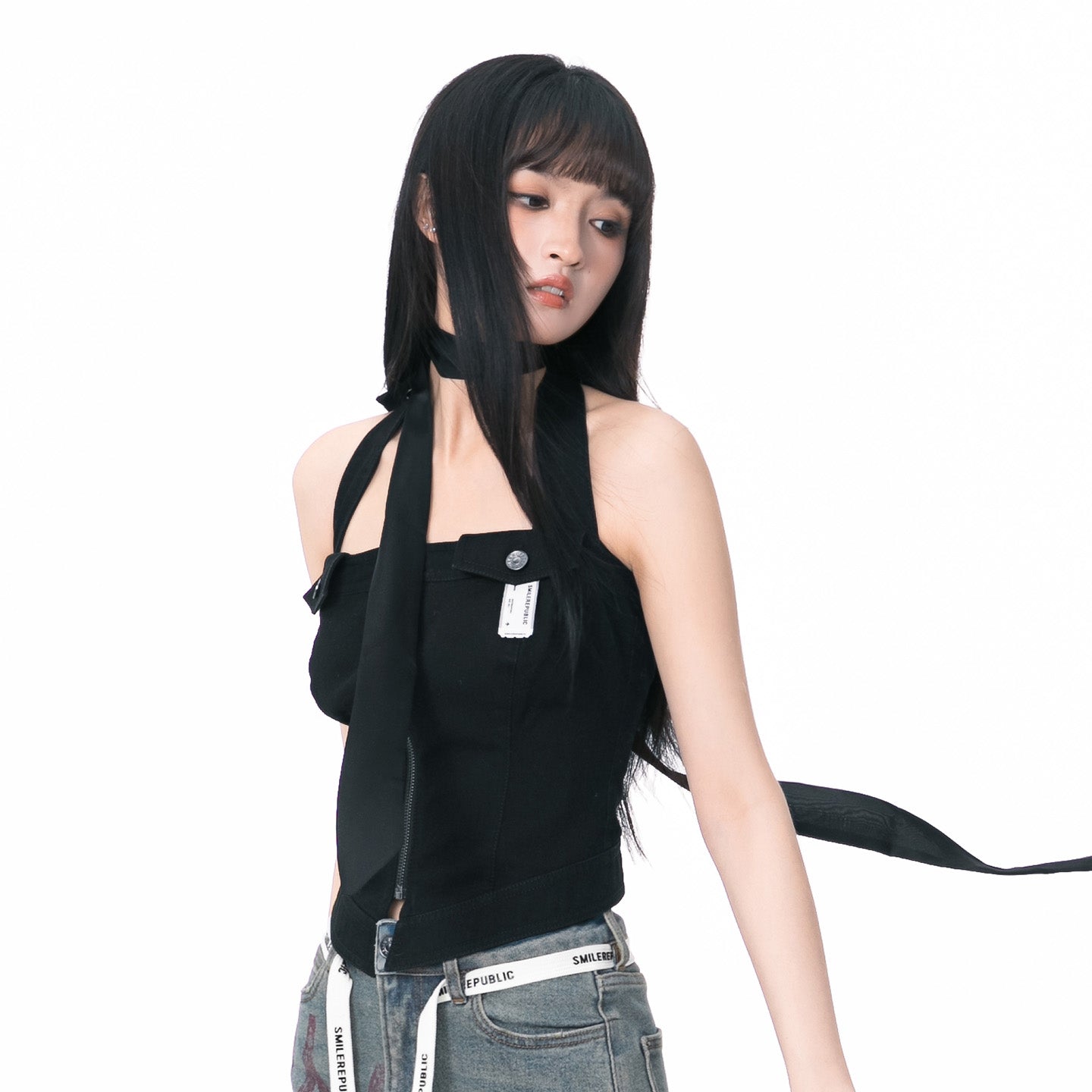 Black Zip-Front Fitted Halter Top with Decorative Pocket Details for Women