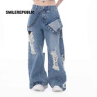 Chain Print Distressed Wide-Leg Jeans