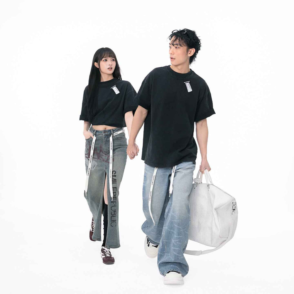 Washed Black 100% Cotton Double-Layer Crewneck Short Sleeve T-Shirt, Casual Everyday Tee