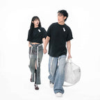 Washed Black 100% Cotton Double-Layer Crewneck Short Sleeve T-Shirt, Casual Everyday Tee