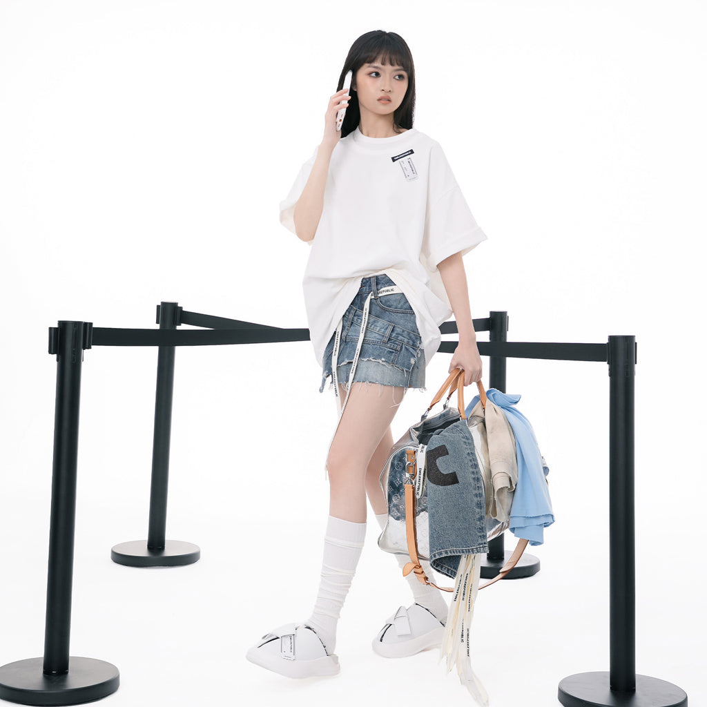 Light Blue Washed Denim Shorts with Logo Drawstring, Women's Streetwear Shorts