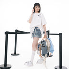 Light Blue Washed Denim Shorts with Logo Drawstring, Women's Streetwear Shorts