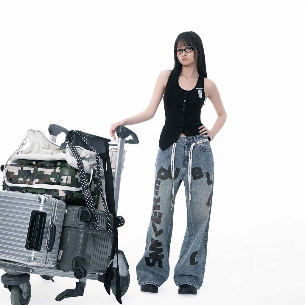 Denim Blue Washed Letter Print Baggy Wide Leg Jeans with Branded Strap Detail