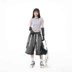 Gray Logo Tag Detail Fitted Crew Neck Short Sleeve T-Shirt for Women