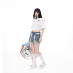 Washed Black/Washed White 100% Cotton Double-Layer Crewneck Short Sleeve T-Shirt, Casual Everyday Tee