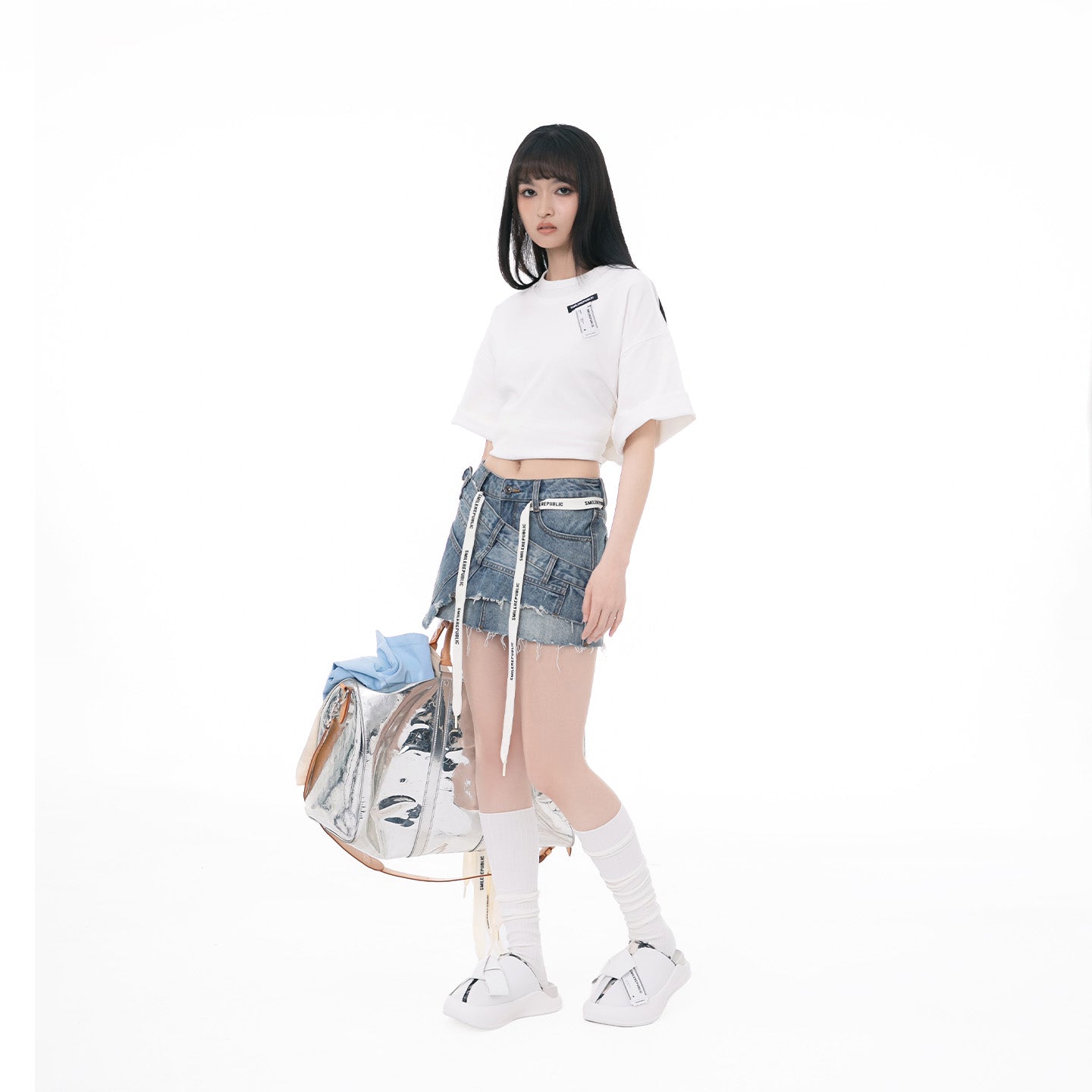 Washed Black/Washed White 100% Cotton Double-Layer Crewneck Short Sleeve T-Shirt, Casual Everyday Tee