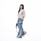 Beige Gray 100% Cotton Distressed Wash Graphic Oversized Crew Neck Short Sleeve T Shirt