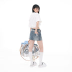 Light Blue Washed Denim Shorts with Logo Drawstring, Women's Streetwear Shorts